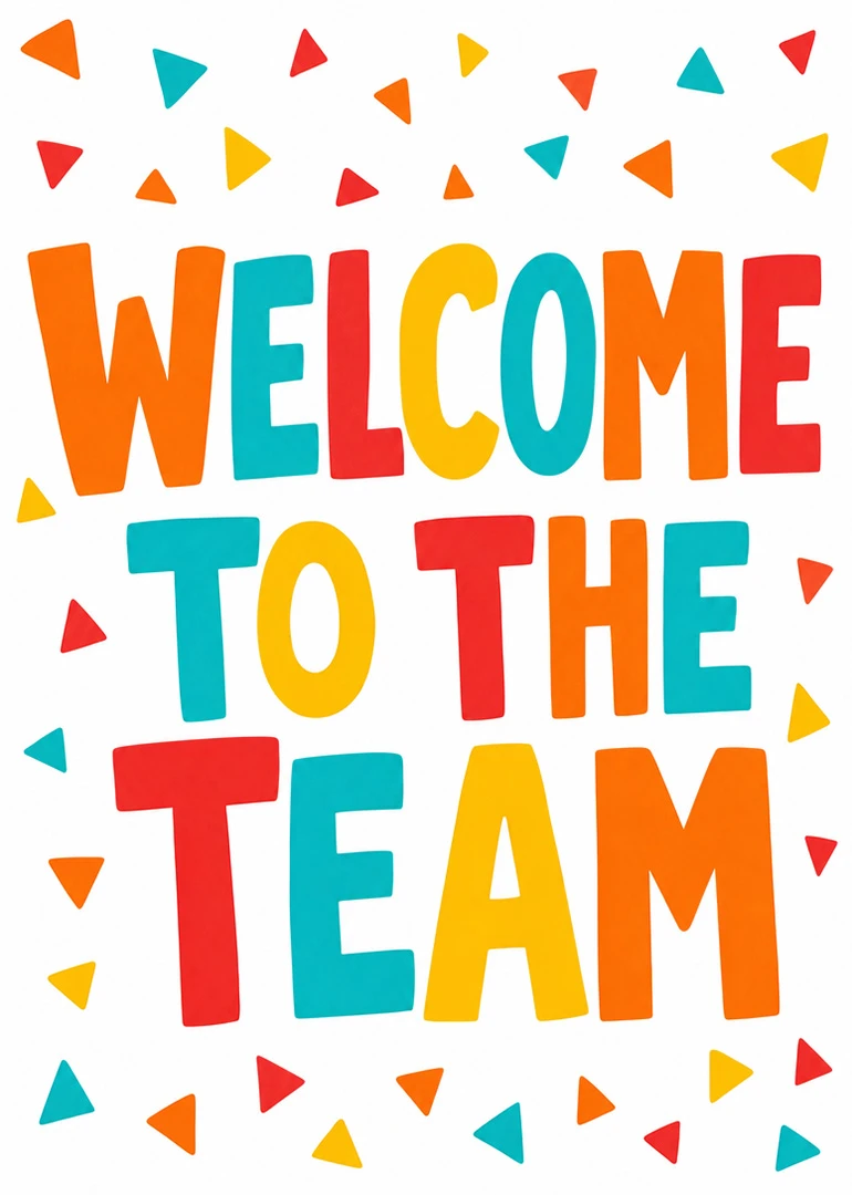 Colourful triangle confetti surrounds bold Welcome to the Team lettering on a bright white background.