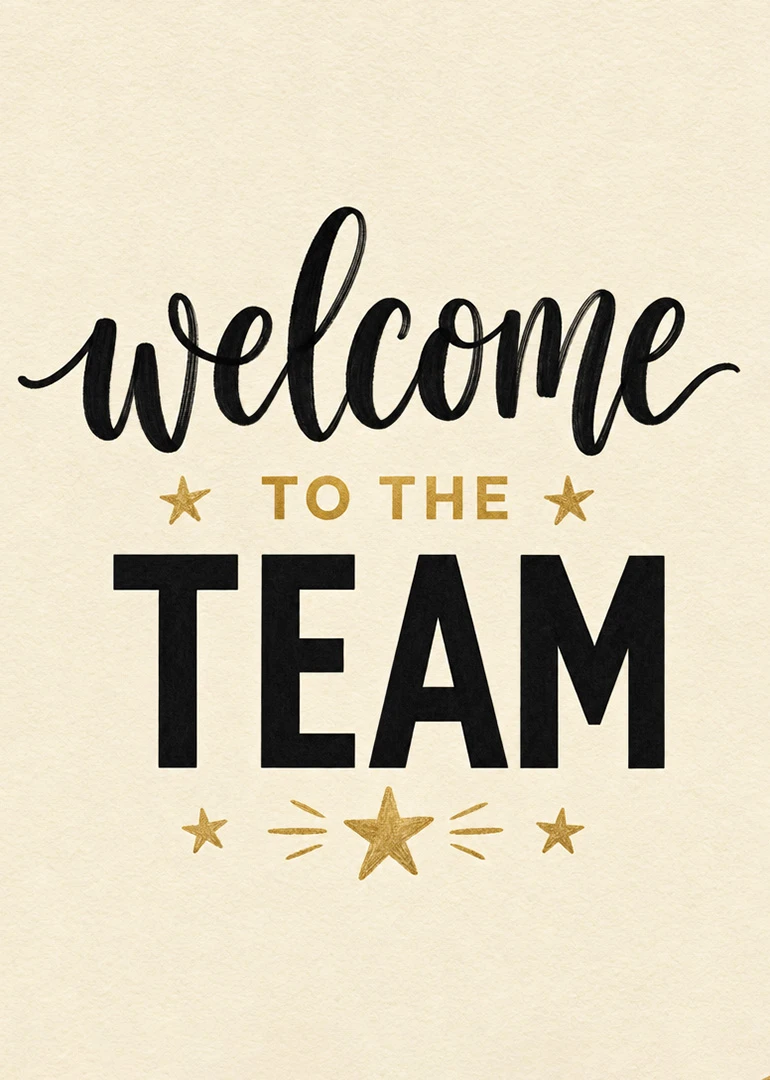 Black and gold welcome to the team card with bold typography and star accents.