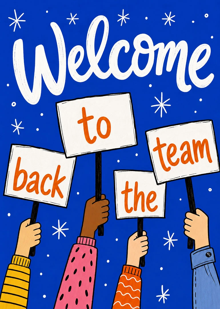 Welcome back to the team card with raised signs on blue background and orange lettering.