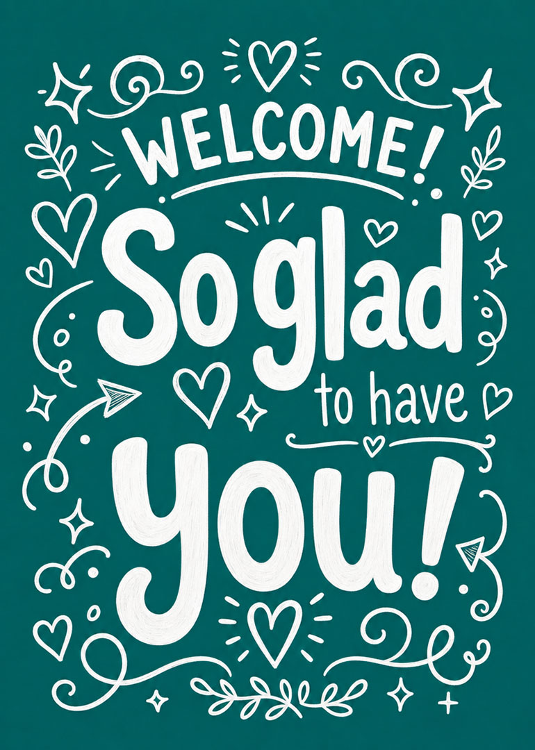 Chalkboard style welcome card with hearts and decorative flourishes