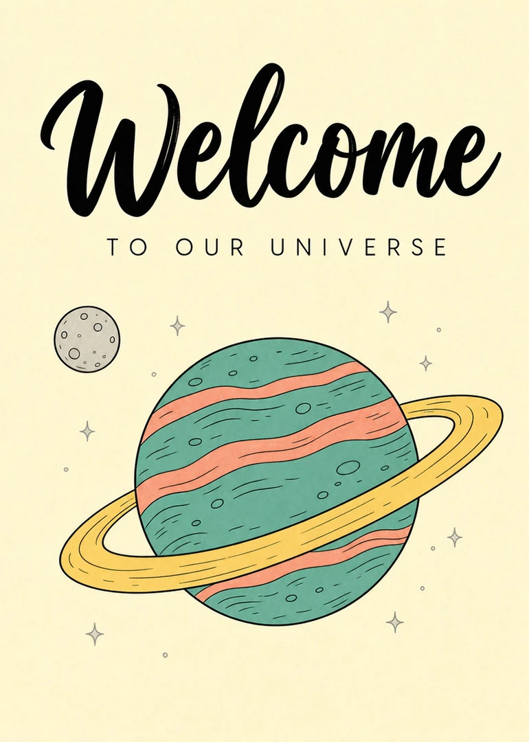 Black welcome lettering over a teal ringed planet with stars on a soft cream background.
