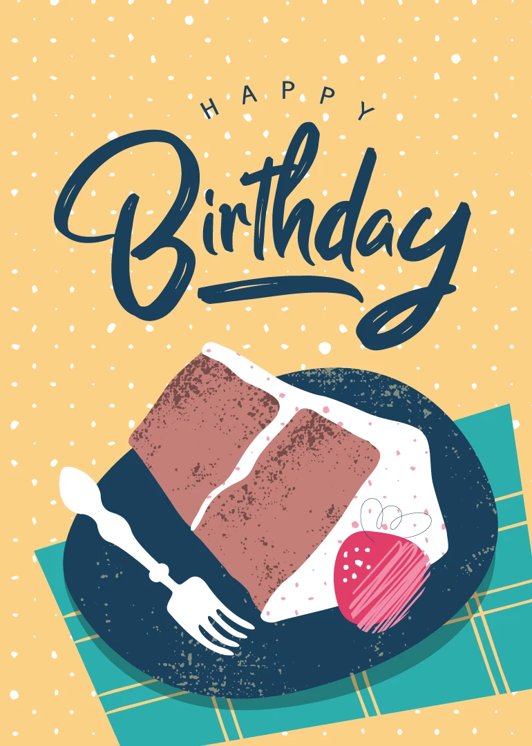 Happy Birthday card with cake slice, fork, confetti and yellow background in playful style.