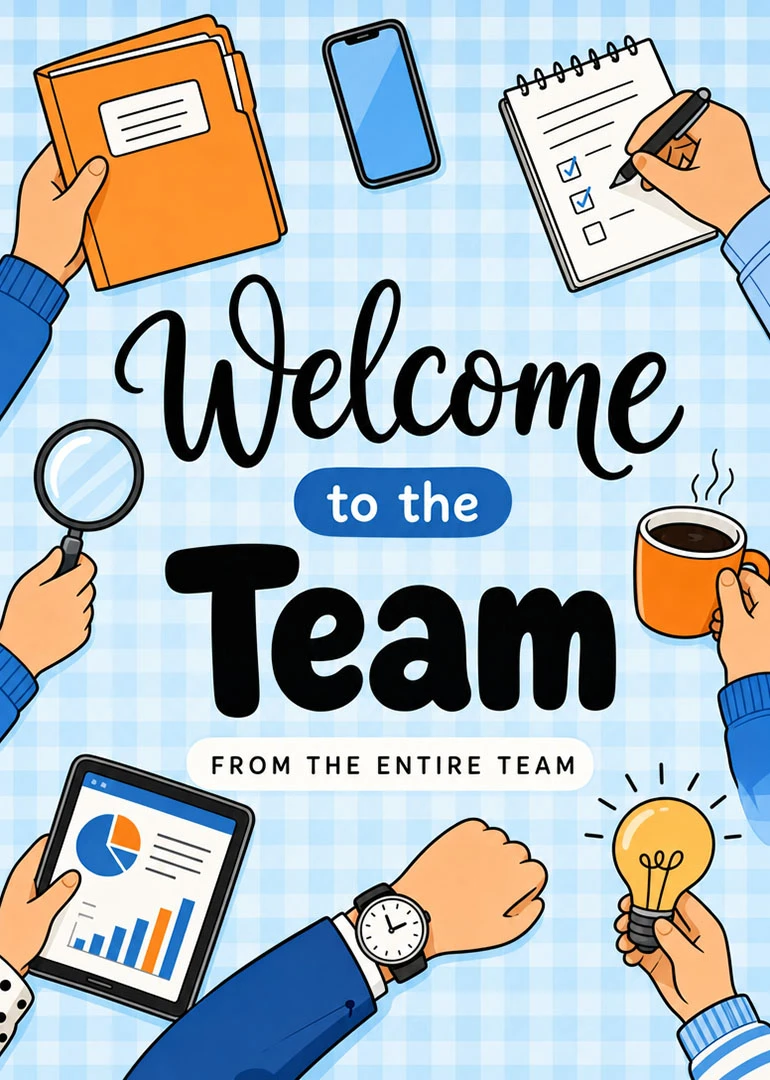 Office-themed welcome card with team supplies, charts, coffee, and the text Welcome to the Team.