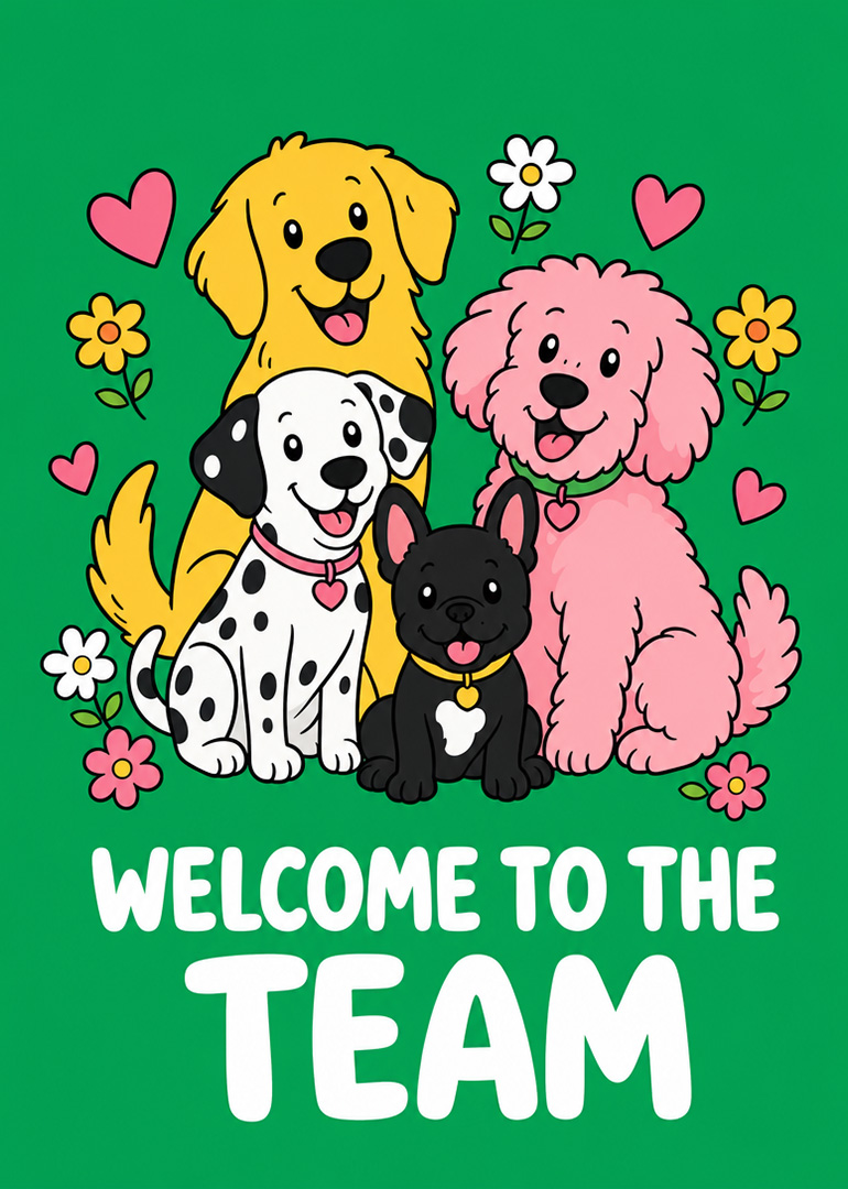 Four cartoon dogs with flowers and hearts with welcome to the team text