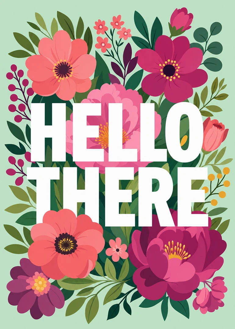 Bold Hello There text over colorful flowers on a mint green background, surrounded by leaves.