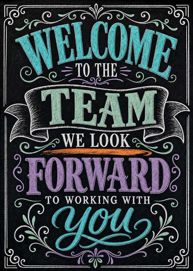 Chalkboard style card welcoming new team member with colorful decorative text