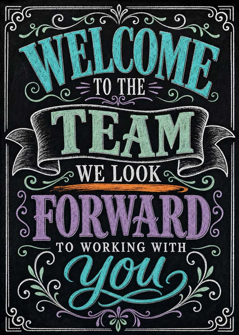 Colorful chalkboard card saying welcome to the team and we look forward to working with you.
