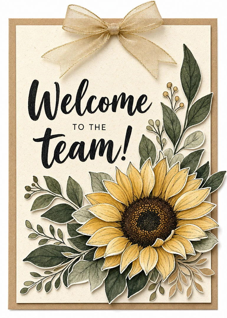 Sunflower floral welcome card with bow and text Welcome to the team on cream background.