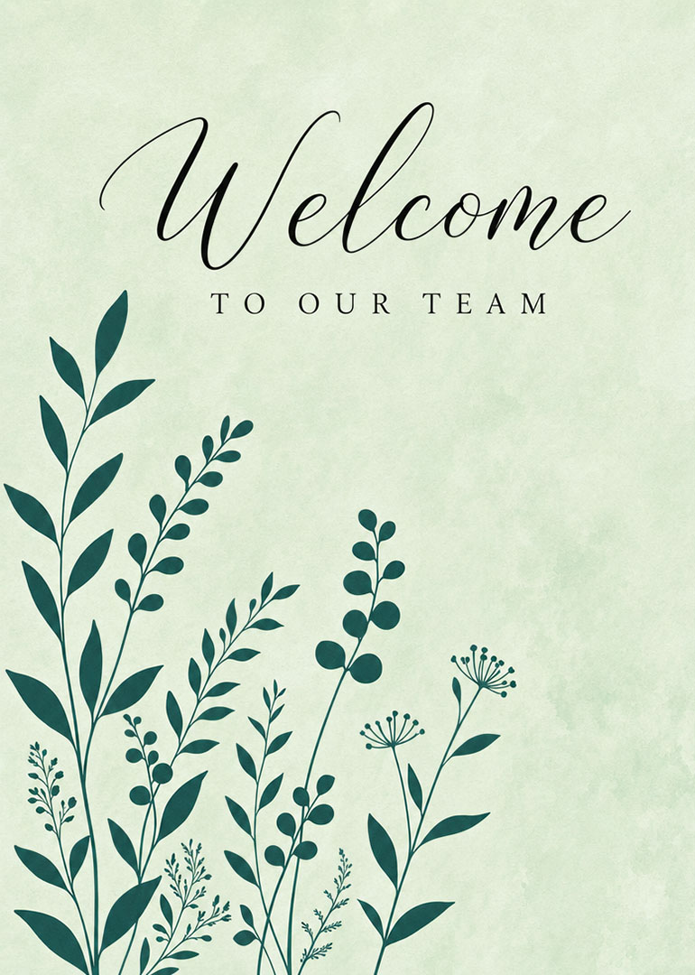 Welcome to our team card with green botanical design on soft background