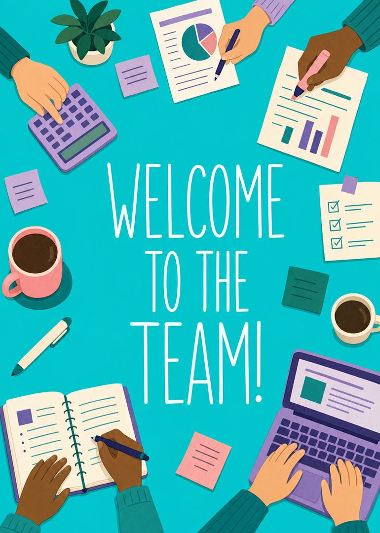 Illustration of hands working with office supplies and welcome message