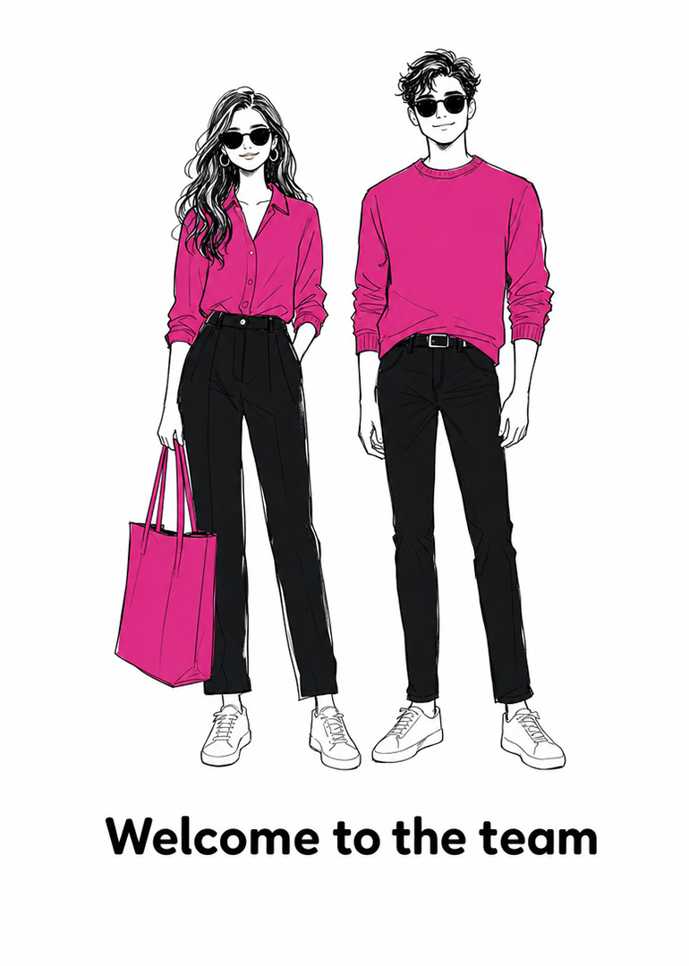 Illustration of a man and woman wearing matching pink tops and black pants with sunglasses