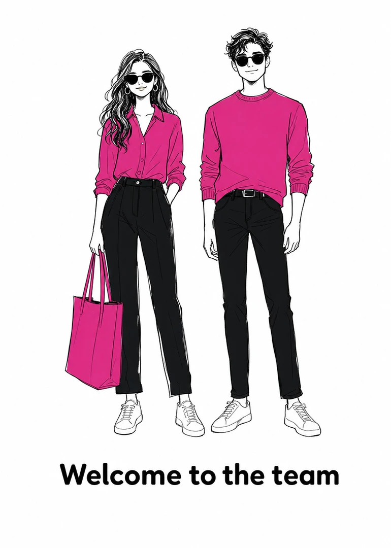 Stylish man and woman in pink and black outfits with sunglasses hold a shopping bag.