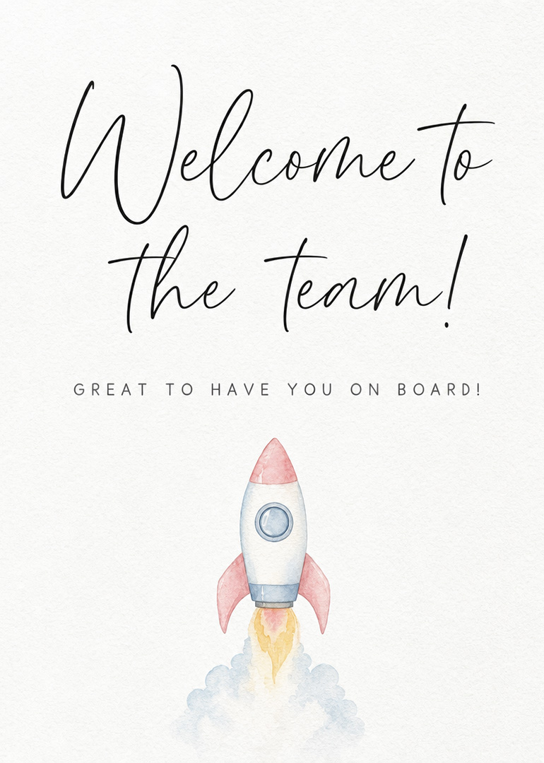 Welcome to the team card with rocket launch illustration