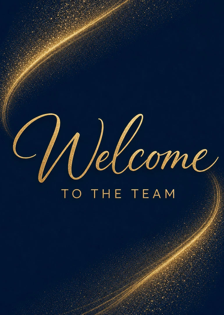 Gold glitter lettering welcomes the team on a navy blue background with elegant swirls around.