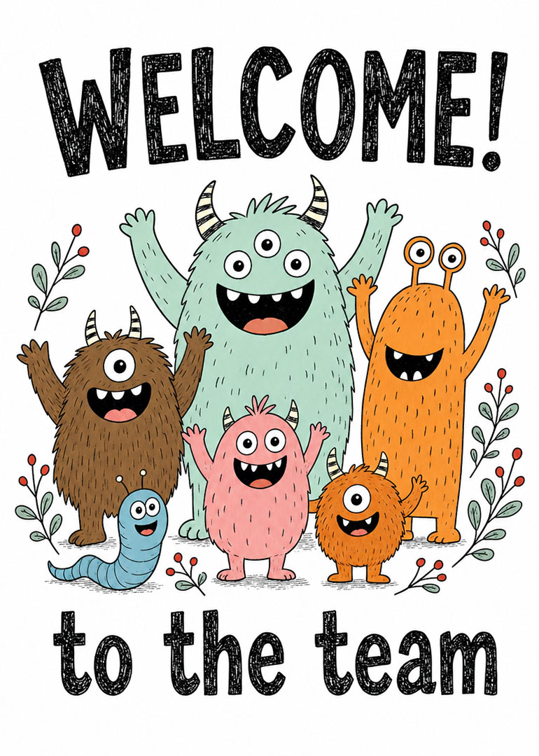 Cute colorful monsters happily welcome new team member with friendly smiles
