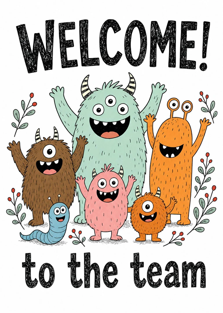 Cute monster characters wave beside Welcome to the Team text on a playful white card.