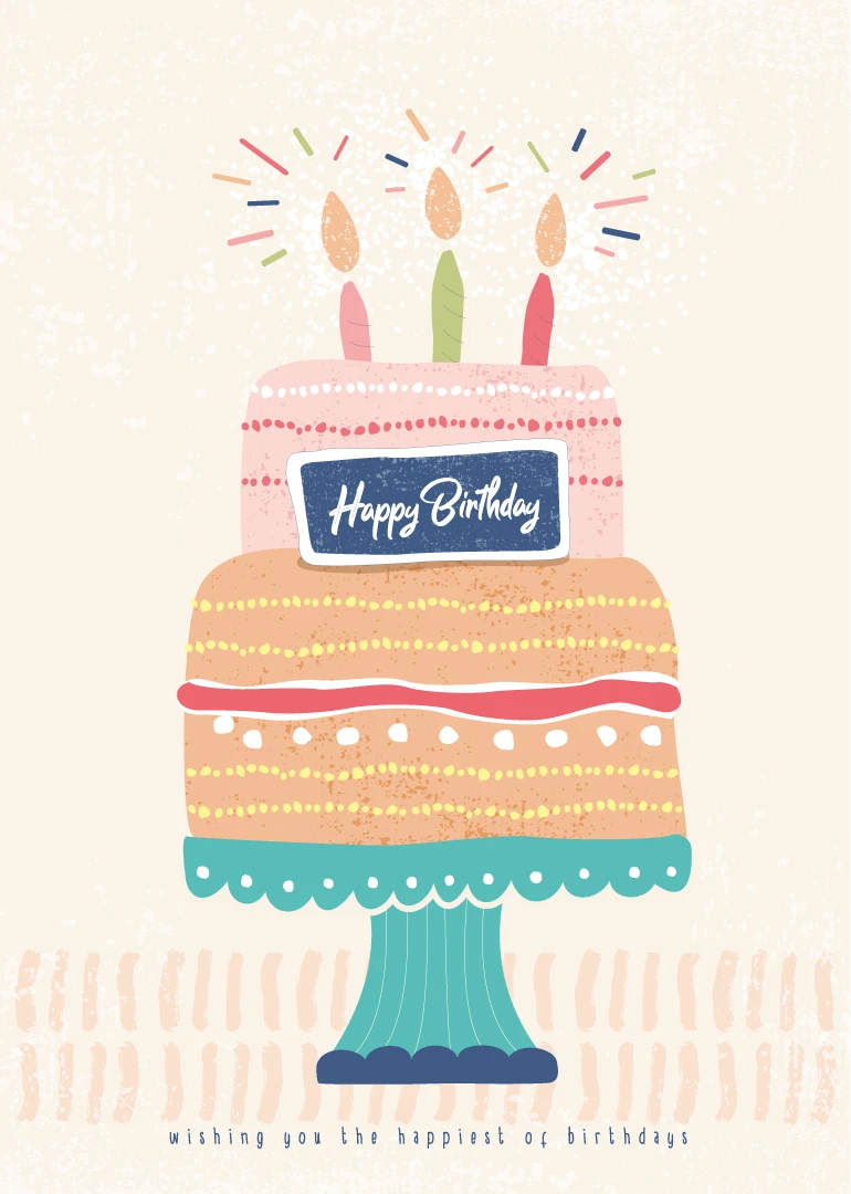Pastel birthday cake with three candles and Happy Birthday sign on a cream background card.
