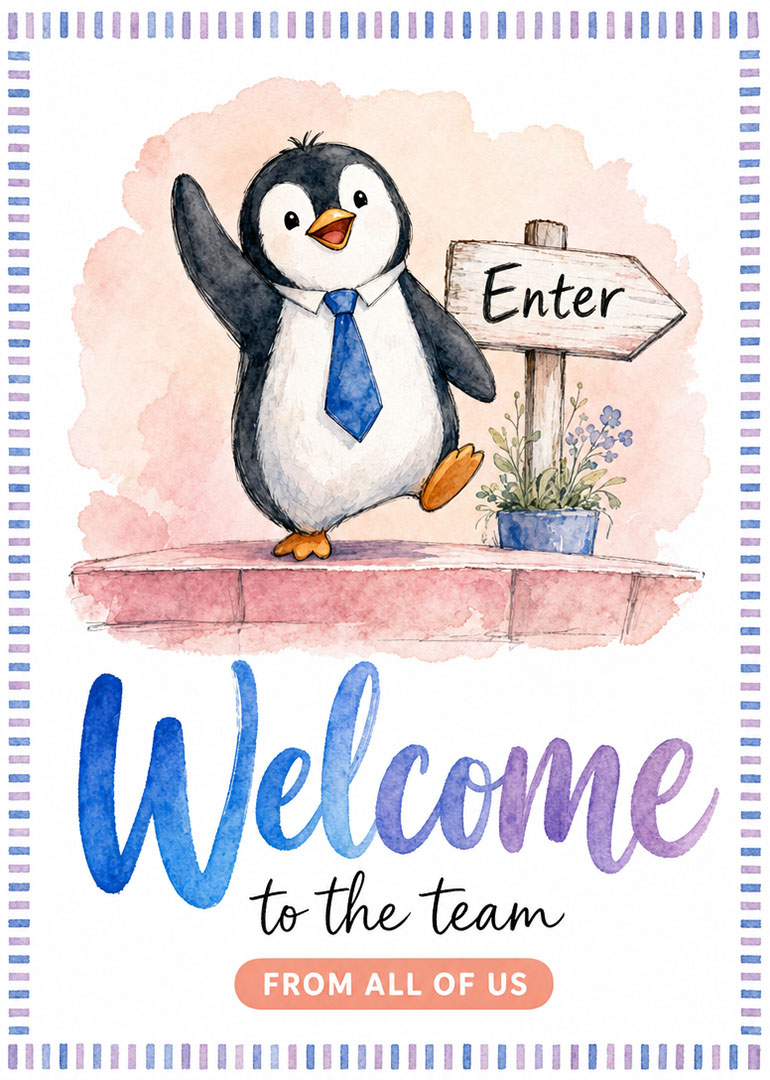 Penguin with blue tie welcoming new team member holding enter sign