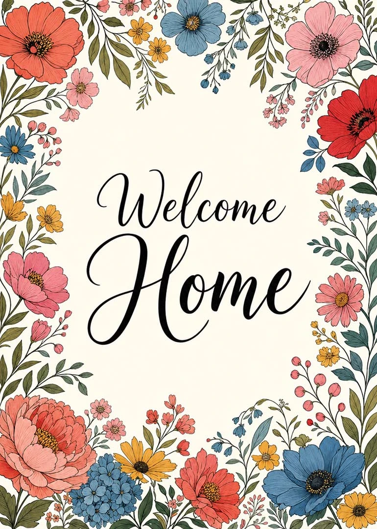 A floral border card reading Welcome Home in elegant black script on cream background design.