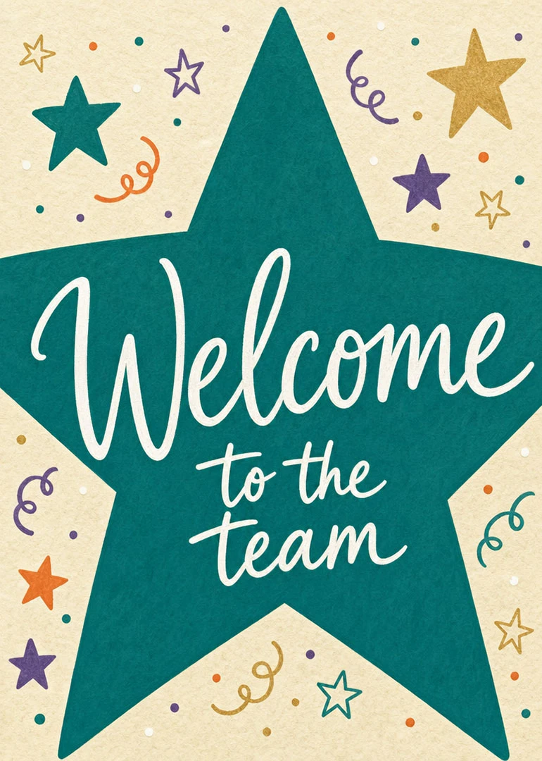 Teal star card with welcome to the team text and colorful confetti doodles all around.