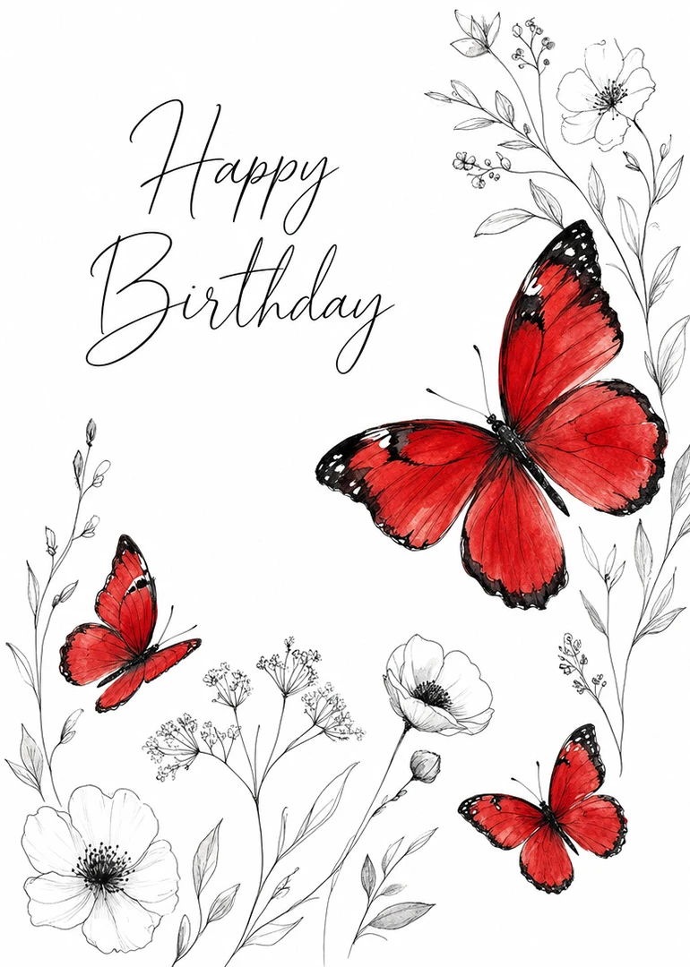 Happy Birthday card with red butterflies and delicate black and white floral line art design.