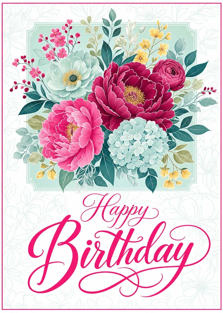 Pink and aqua floral birthday card with Happy Birthday lettering and lush peonies and hydrangeas.