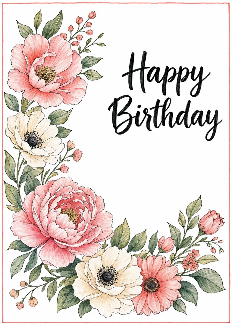 Pink and cream watercolor flowers frame a Happy Birthday message on a clean white card.