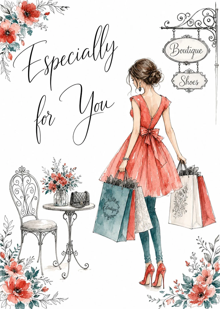 Watercolor woman in coral dress carrying boutique shopping bags beside floral accents.