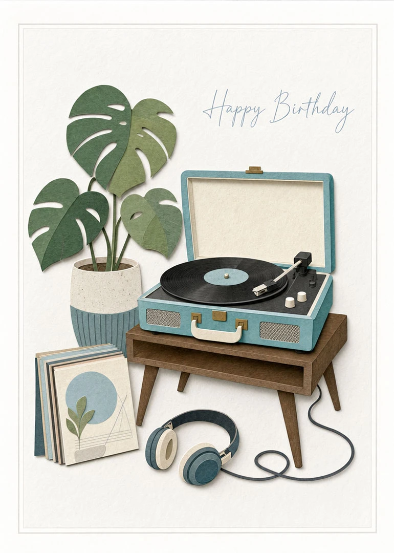 Birthday card with record player, vinyl records, headphones, and potted monstera in soft blue tones.