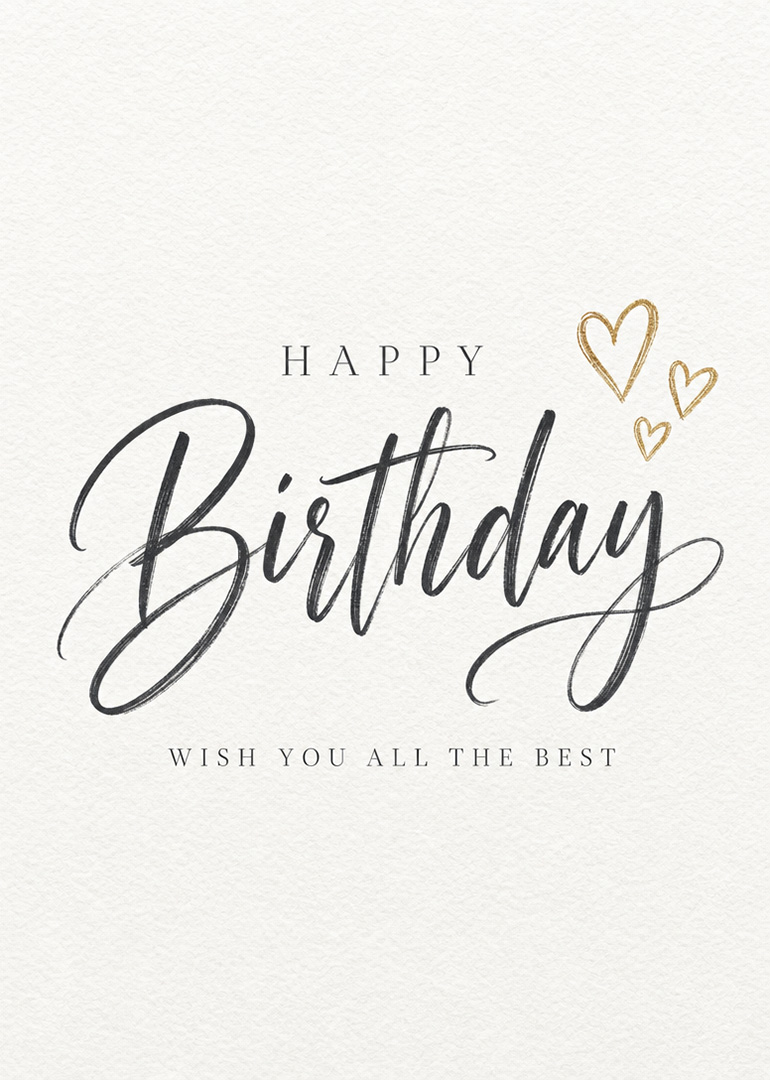 white card with elegant black birthday script and gold heart accents