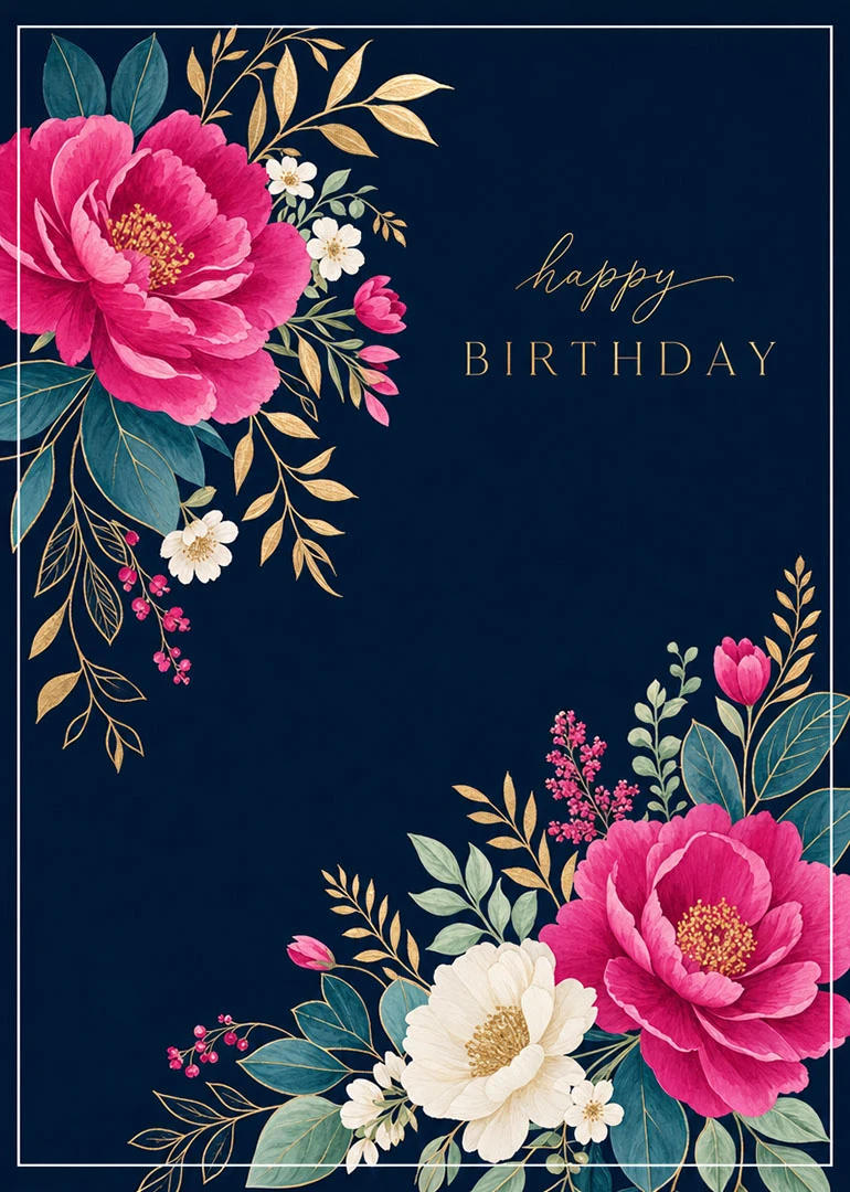 Pink and white flowers frame happy birthday text on a navy card with gold accents.