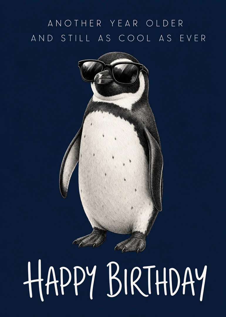 A penguin in sunglasses with happy birthday text on a dark blue background looking cool.