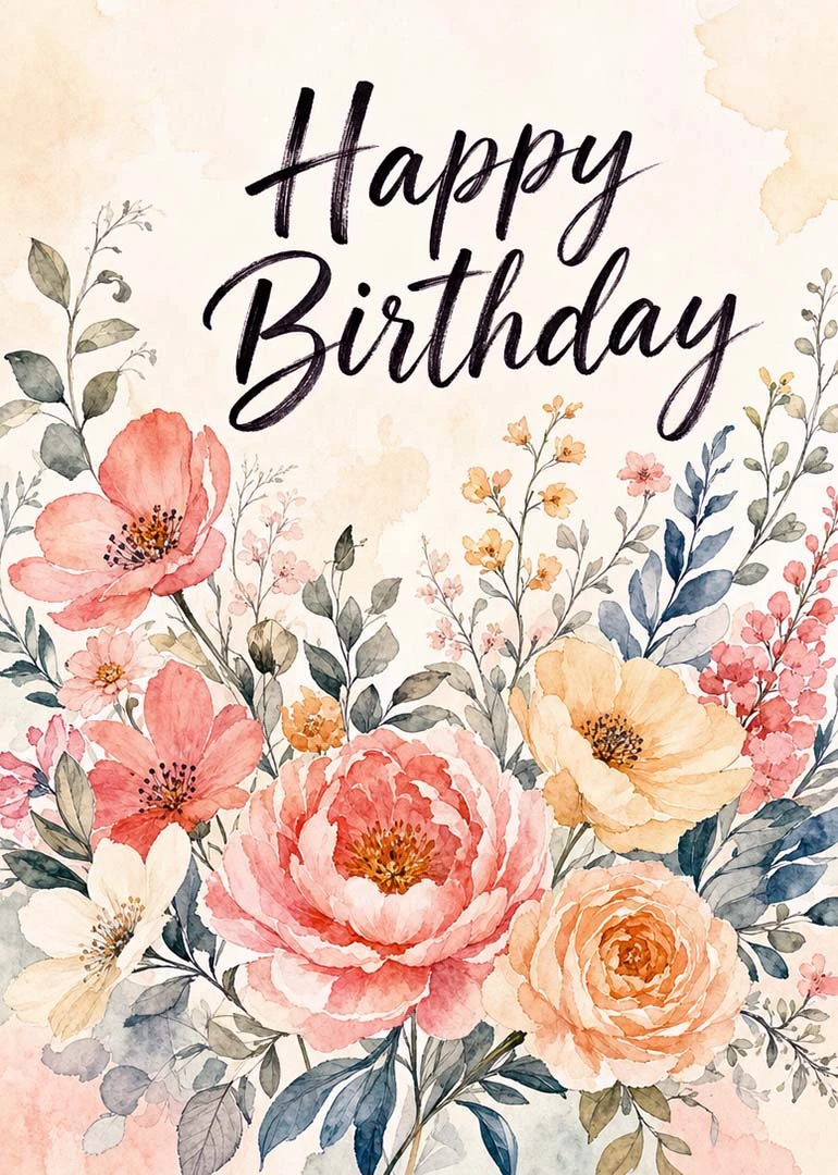 Watercolor flowers surround elegant Happy Birthday lettering on a soft cream background with delicate leaves.