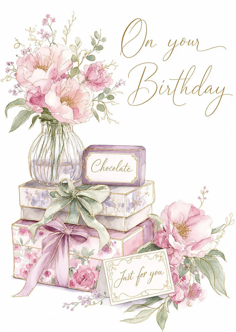 Watercolor pink flowers and gifts with text reading On your Birthday and Just for you.