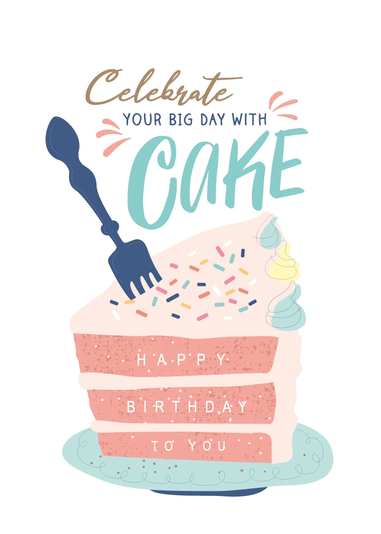 Pastel birthday cake slice with candle, sprinkles, and Happy Birthday to You text on top.