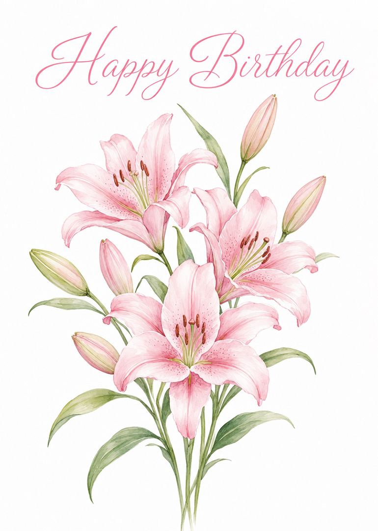 Elegant pink lilies bouquet with happy birthday greeting in script font