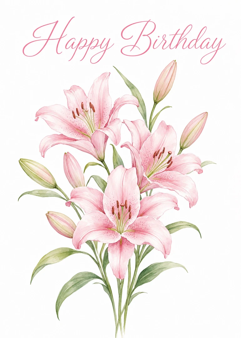 Watercolor pink lilies with buds and green leaves beneath Happy Birthday text on white background.