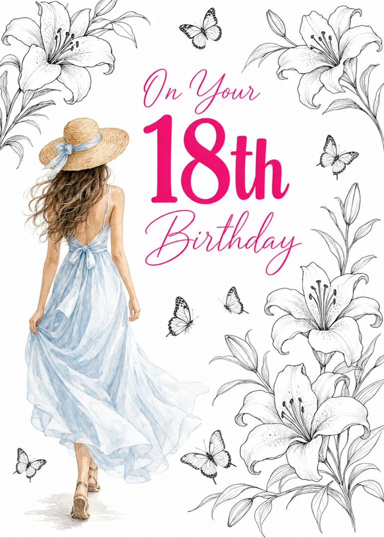 Pink text on your 18th birthday with floral line art, butterflies, and a girl walking.