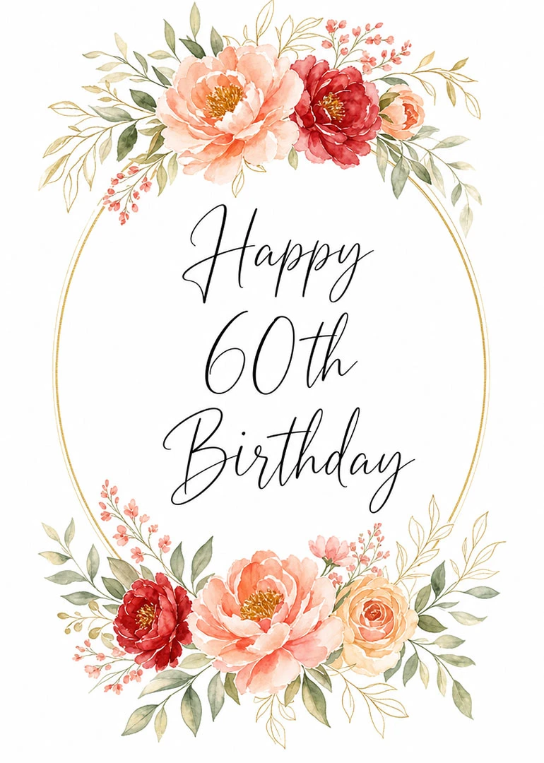 Watercolor floral wreath card reading Happy 60th Birthday in elegant script on white background design.