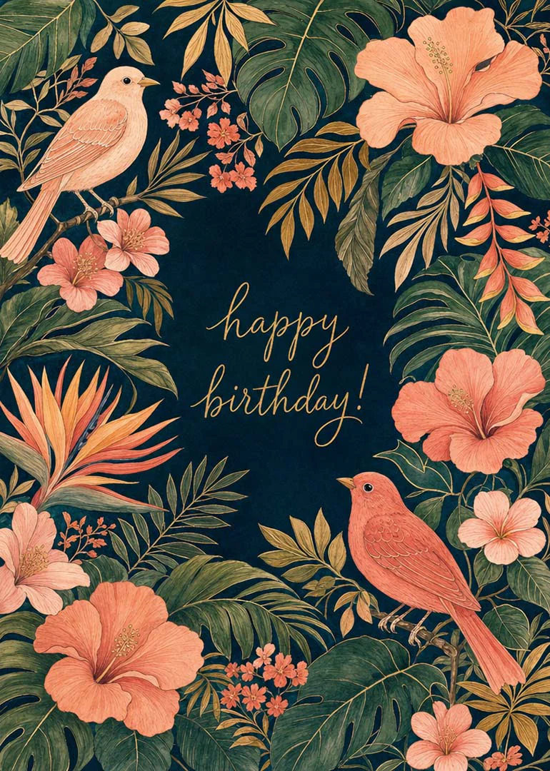 Tropical birds and hibiscus flowers frame happy birthday text on a deep navy background card.