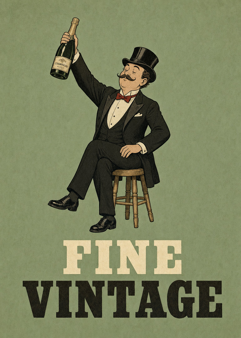Vintage style man in tuxedo holding a champagne bottle with text fine vintage