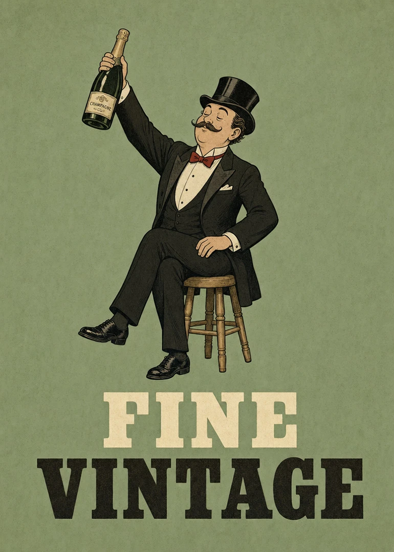 A tuxedoed gentleman holds champagne above Fine Vintage text on a muted green background poster.