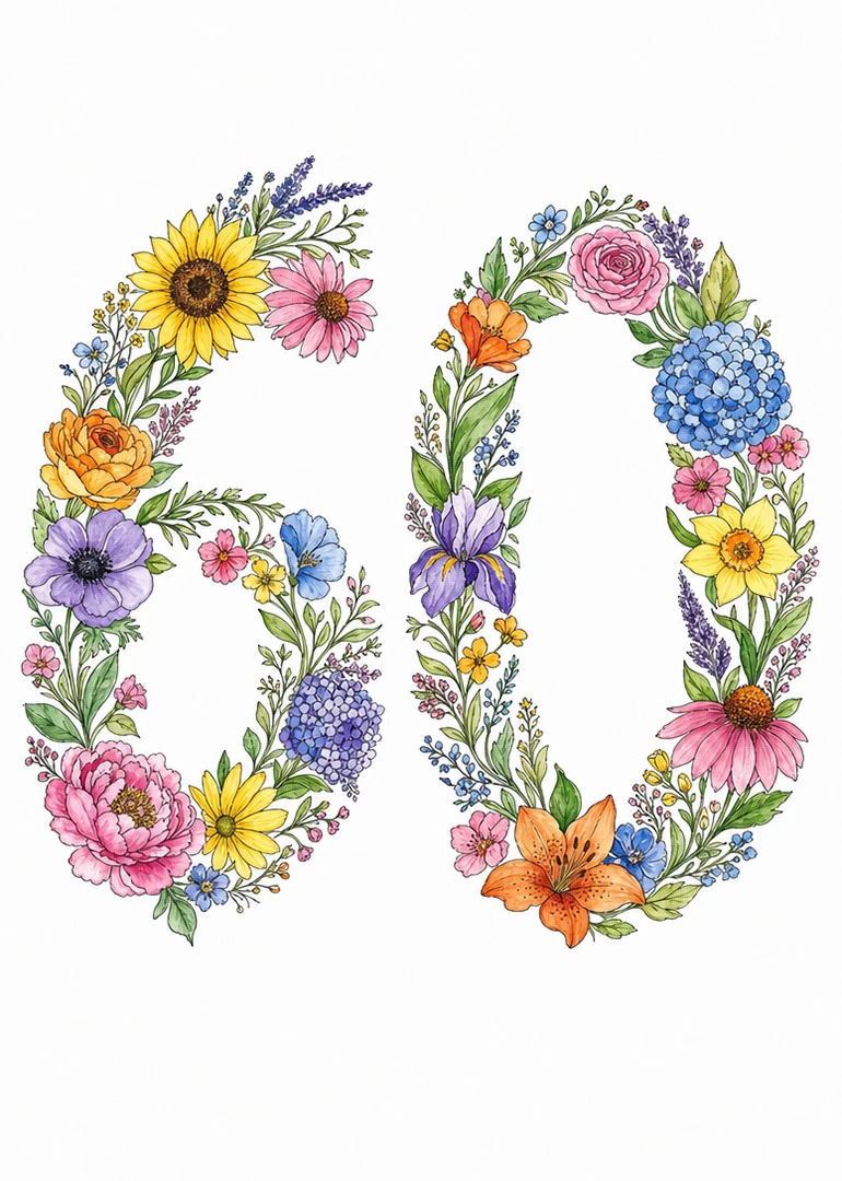 Watercolour flowers form the number 60 in bright pink, yellow, blue, and orange blooms card.