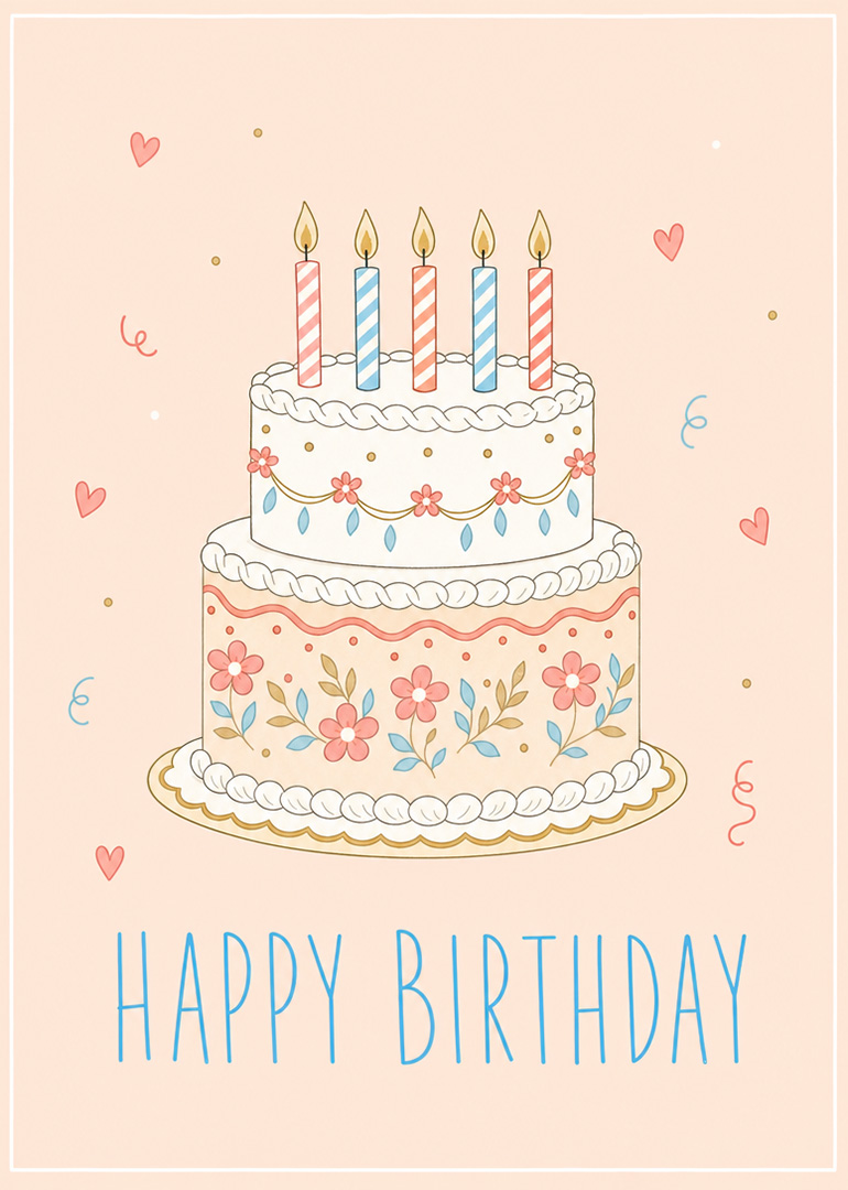 Birthday card with floral two-tier cake and five candles