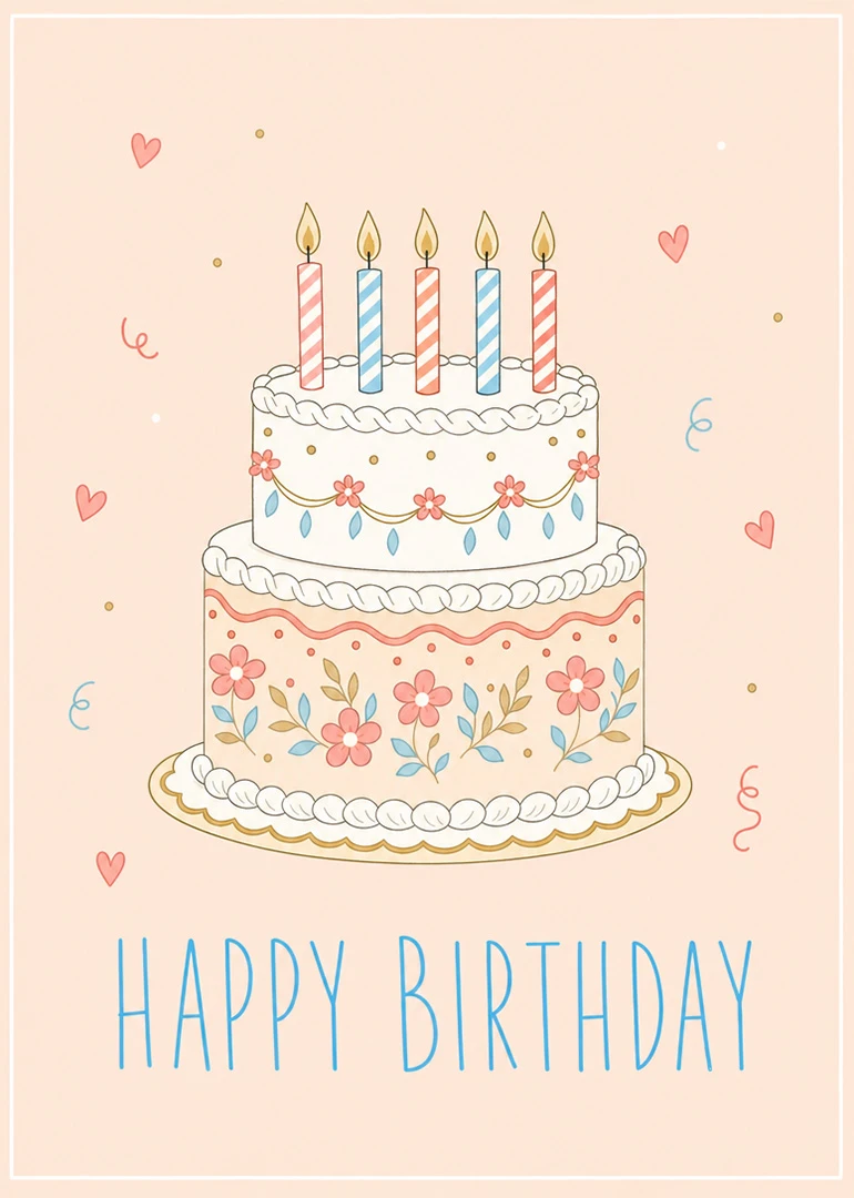Pastel birthday cake with five candles and Happy Birthday text surrounded by hearts and confetti.