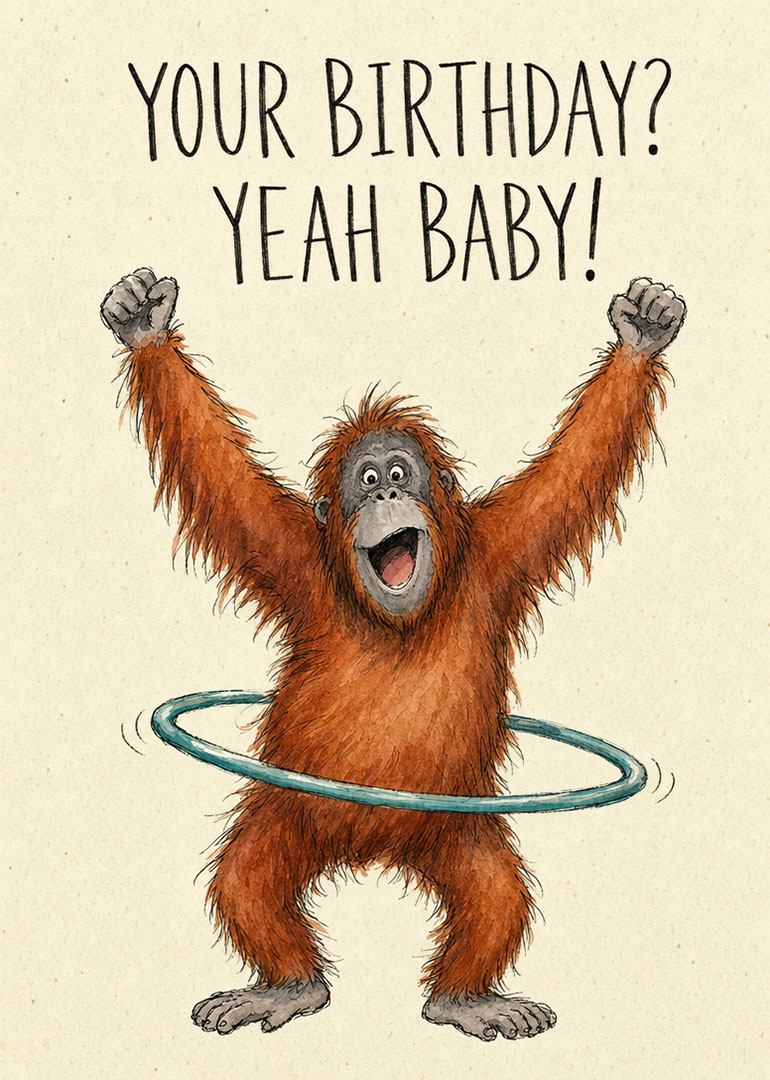 Excited orangutan hula hooping with birthday text on a playful card.