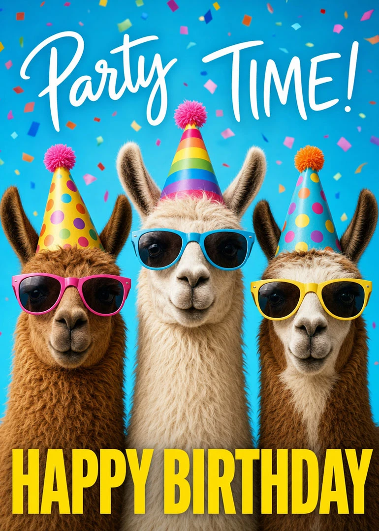 Three llamas in party hats and sunglasses celebrate with bright confetti and Happy Birthday text.