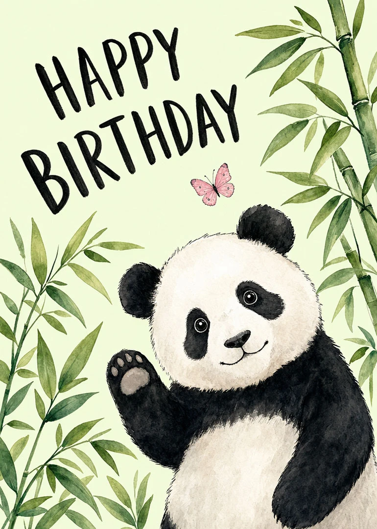 Watercolor panda waves beside bamboo leaves and a pink butterfly beneath Happy Birthday text card.