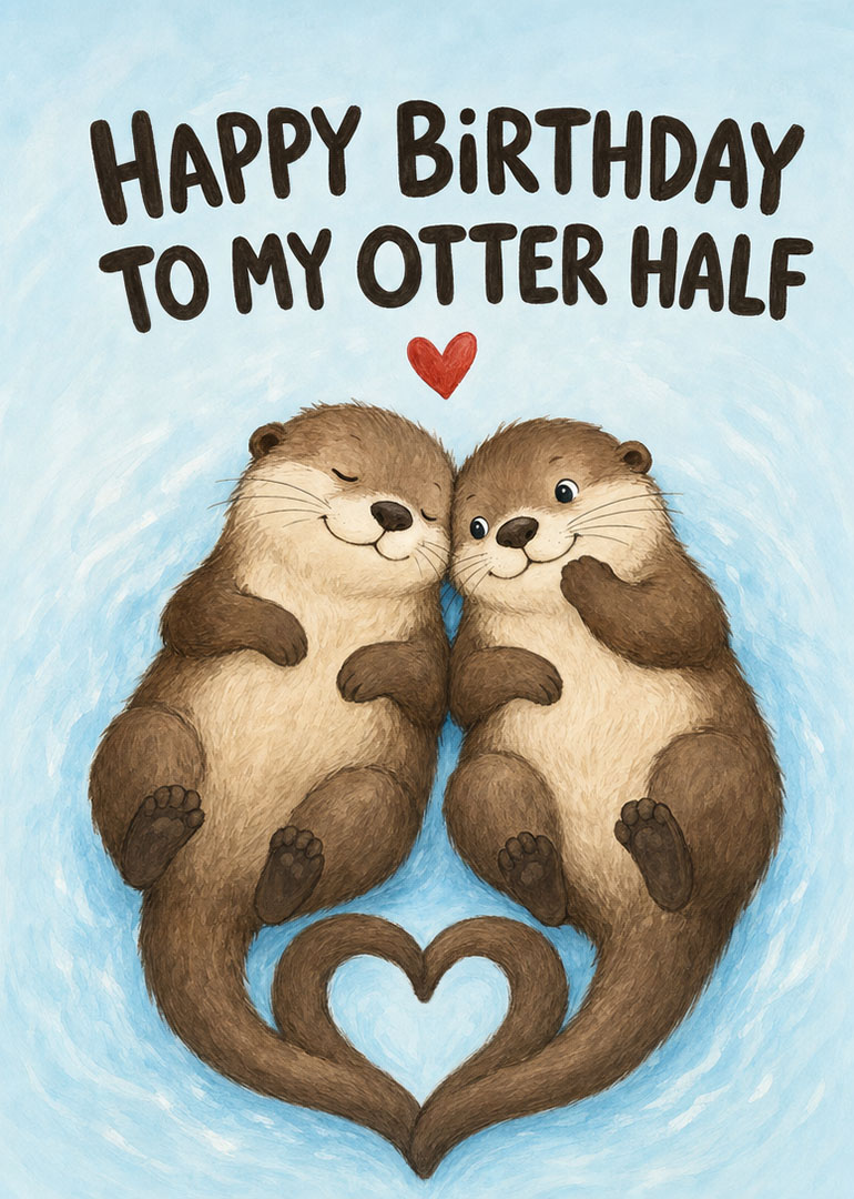 Two otters with tails forming a heart under birthday greeting