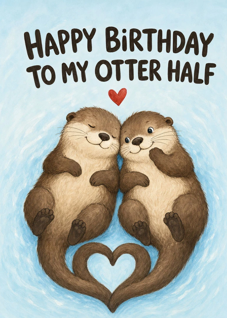 Two cuddling otters beneath a heart and Happy Birthday to My Otter Half text card.